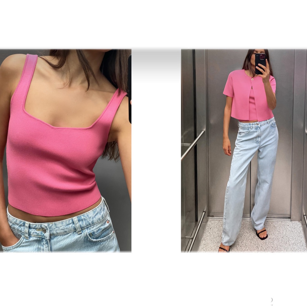 Zara Set Pink Smooth Knit Crop Cardigan And Basic Knit Crop Top